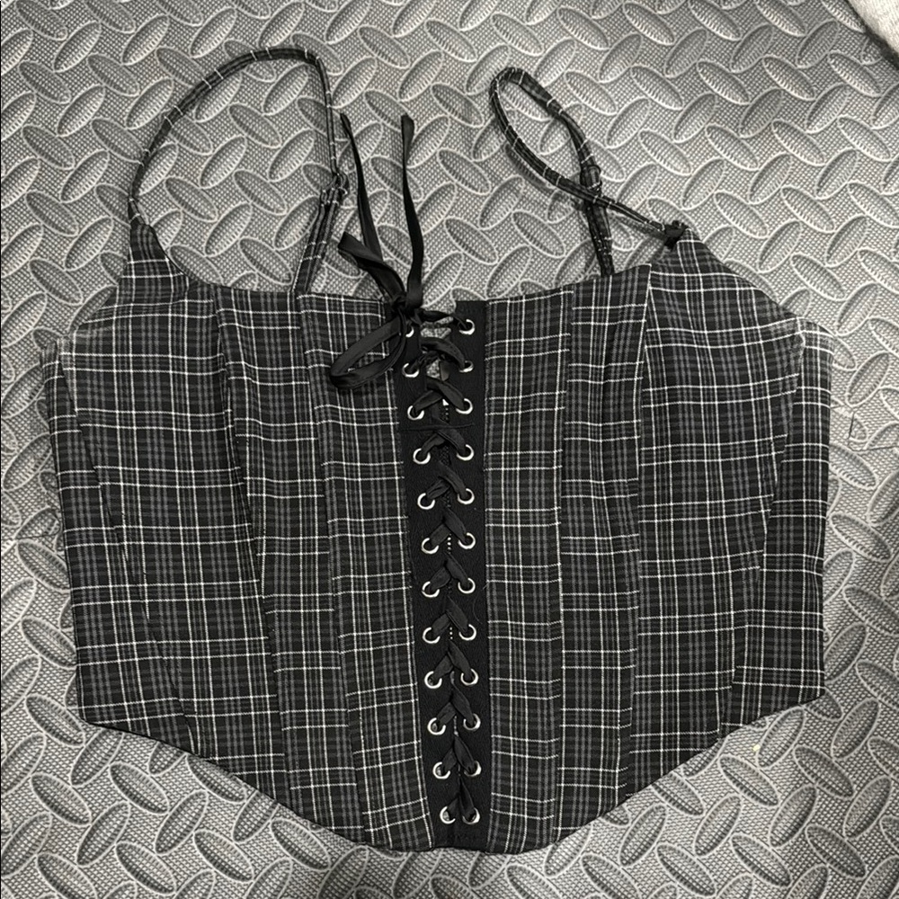 Garage Black and White Plaid Lace-Up Crop Top